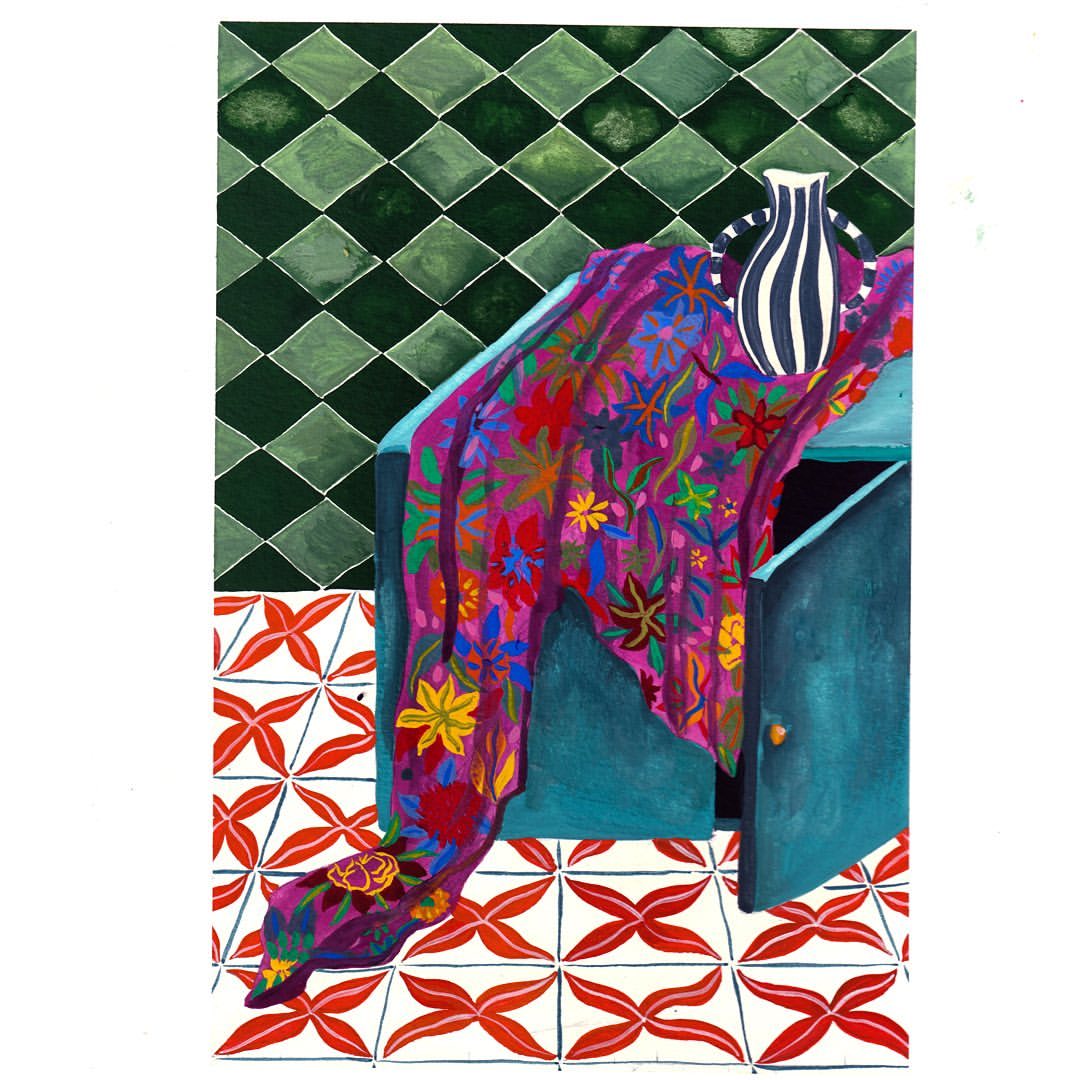 Painting of a blue cabinet topped with a floral blanket and a striped vase against a diamond patterned wall and mosaic tile floor.