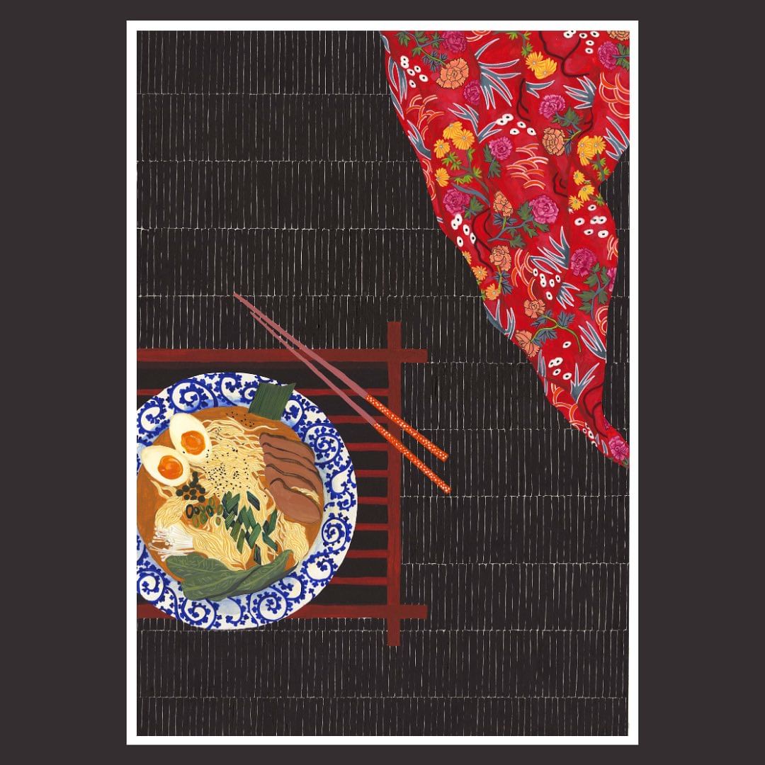 Illustration of a bowl of ramen with chopsticks, set on a black placemat next to a red floral cloth, in a digitally painted style.
