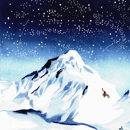 Watercolor painting of a snow-covered mountain landscape at night with starry sky. A bird of prey soars in the foreground.