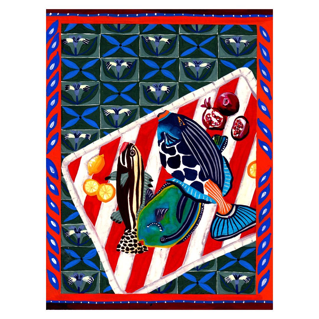 Whimsical painting of three colorful fish with pomegranates and lemons on a red and white striped platter, set against a geometric backdrop.