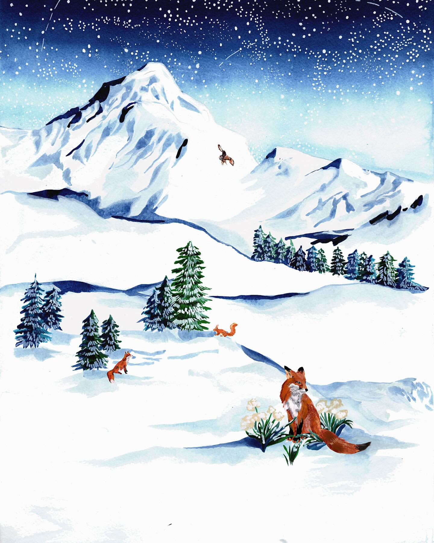Watercolor painting of red foxes resting in a snowy mountain landscape under a starry sky with fir trees and white flowers.