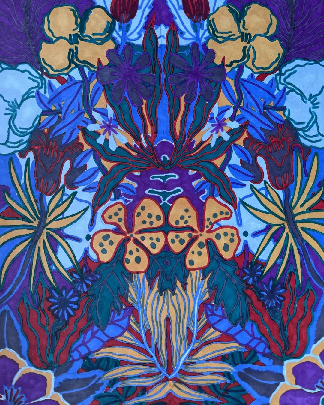 Botanical drawing featuring an arrangement of flowers and leaves in shades of blue, purple, green, and gold with a symmetrical composition.