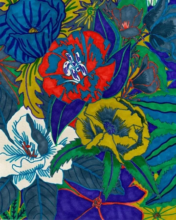 Colorful floral illustration featuring blue, red, yellow, and white flowers with green leaves in a vibrant, stylized design.