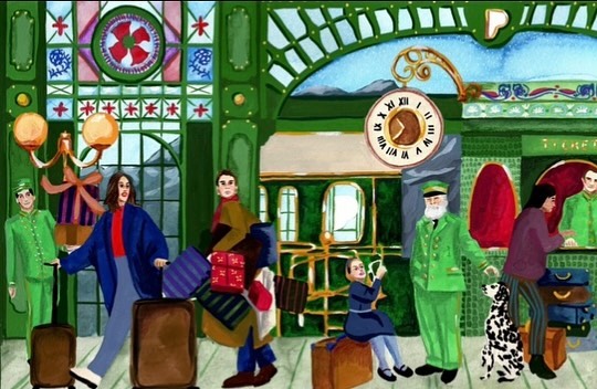 Illustration of a bustling train station scene with travelers, attendants, and a ticket window against a green and ornate backdrop.