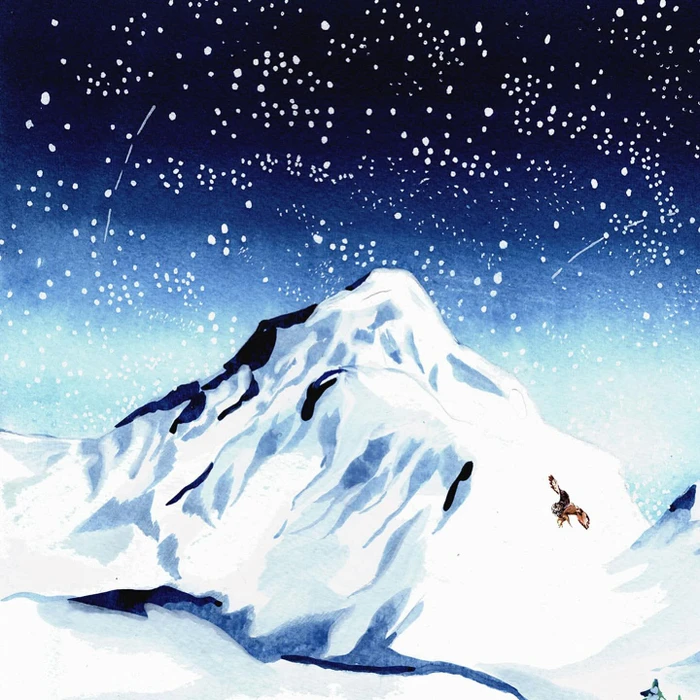 Watercolor illustration of a snow-covered mountain under a dark blue starry night sky with a soaring bird
