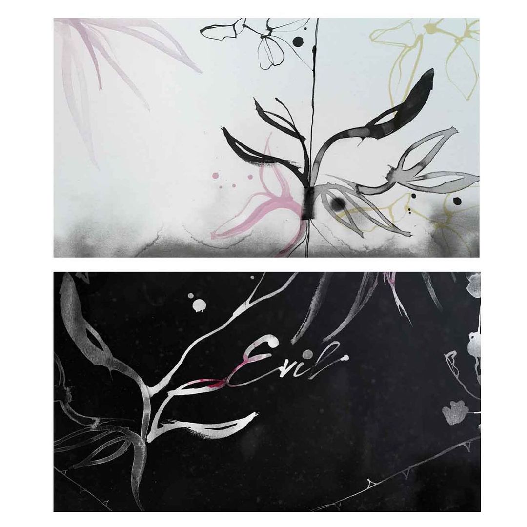 Abstract floral illustration in black and white with splashes of pink and gold, divided into two panels with the word 'Evil' on the lower panel.
