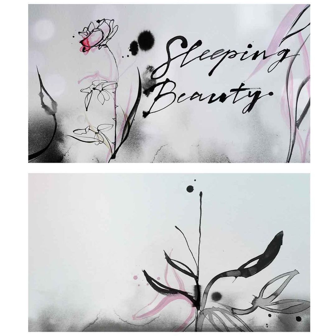 Two panels of a floral ink wash painting with black stems, pink petals, and cursive text reading "Sleeping Beauty."