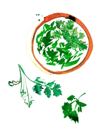 Watercolor painting of fresh green herbs in a brown ceramic bowl and sprigs on a white background, food illustration.