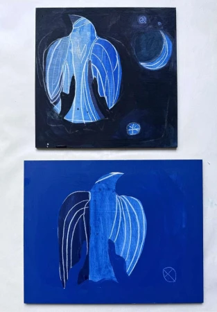 Two blue bird illustrations by Caroline Tomlinson, featuring white line markings and celestial elements on dark backgrounds.