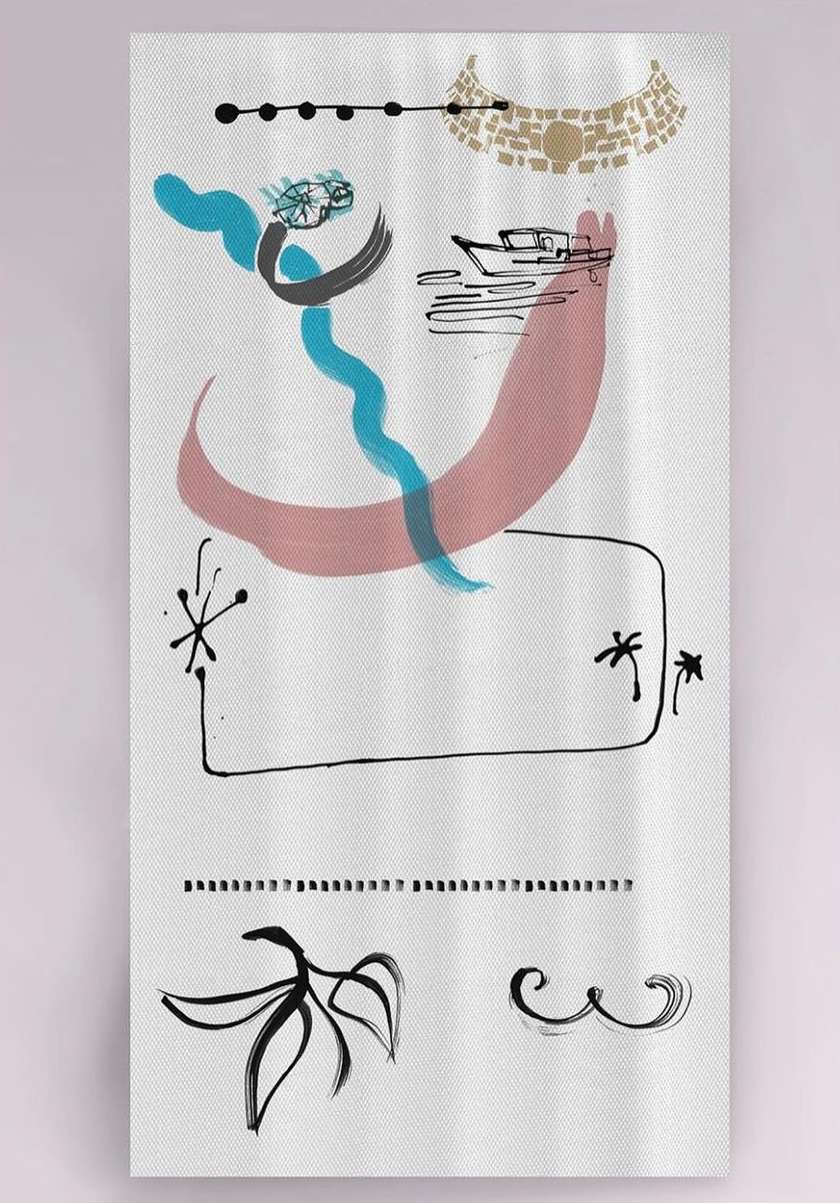 Abstract art on canvas featuring brushstrokes, shapes, a boat, and neutral colors creating a modern, artistic composition.