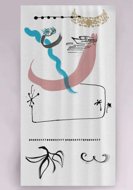 Abstract art on canvas featuring brushstrokes, shapes, a boat, and neutral colors creating a modern, artistic composition.