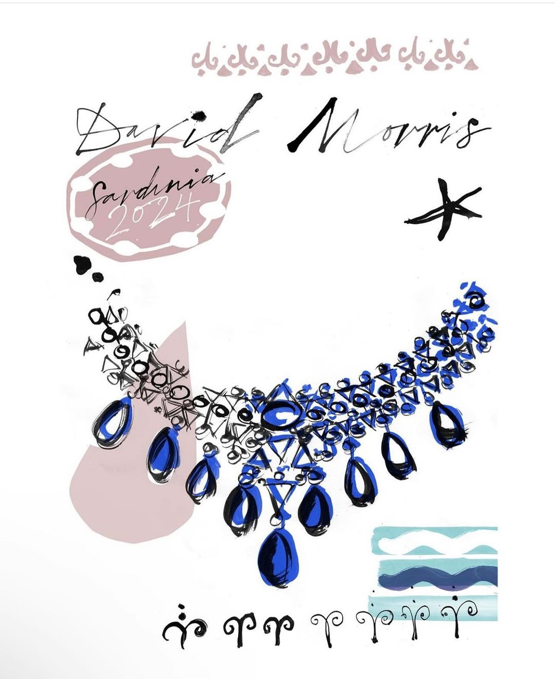 Fashion illustration of a blue gemstone necklace by David Morris for Sardinia 2024, featuring brush stroke accents and decorative elements.