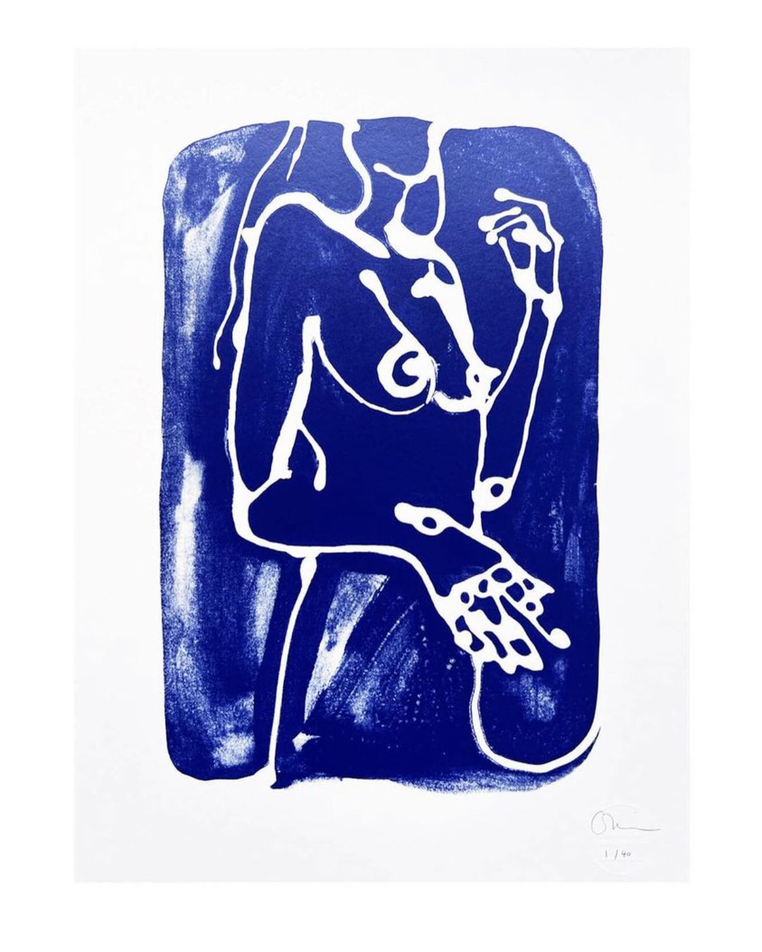Abstract expressionist blue and white art features female figure in a minimalist, outlined silhouette on a stark white backdrop.
