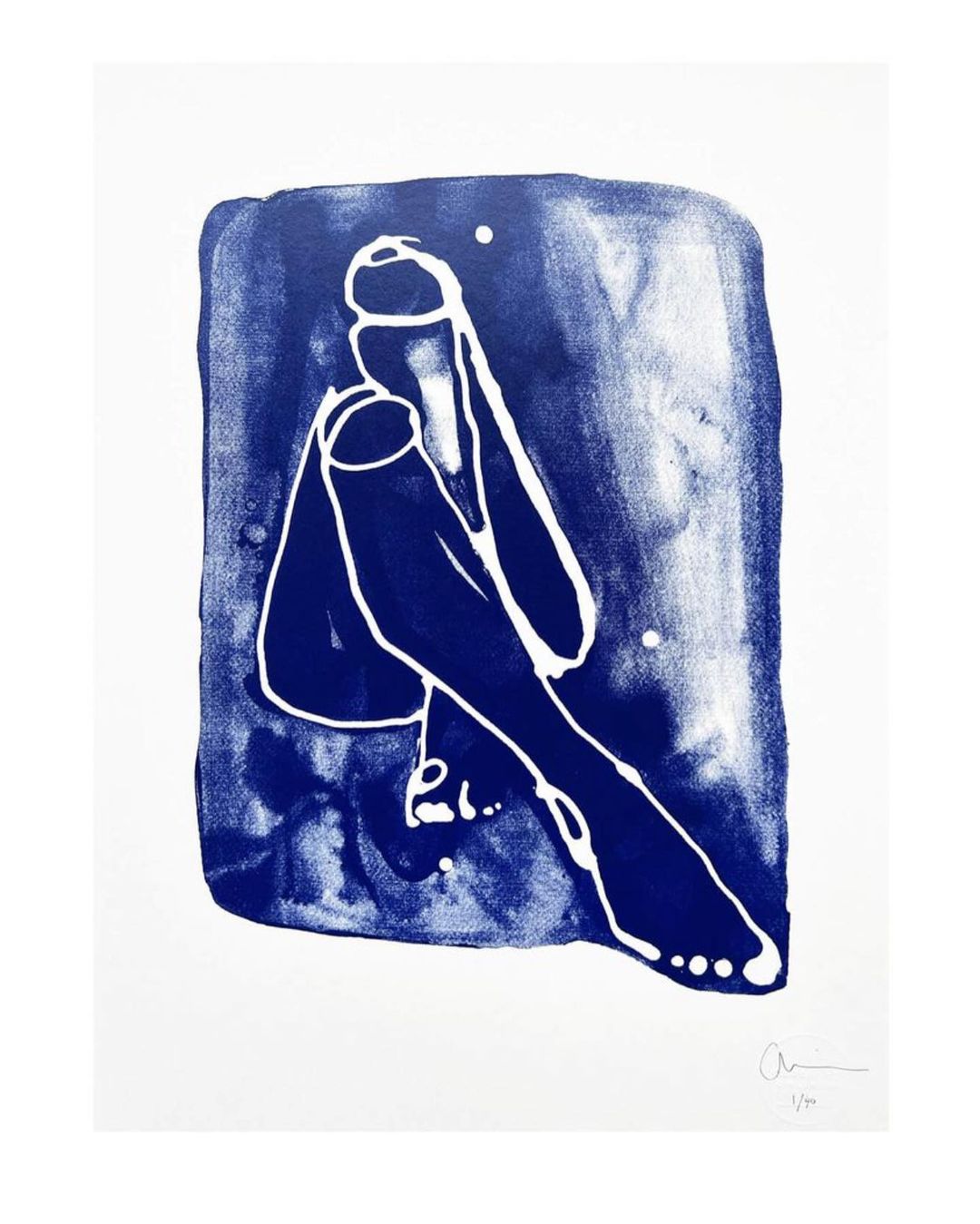 Abstract art print of a seated human figure in dark blue with white outlines, featuring a textured backdrop and a minimalist style.