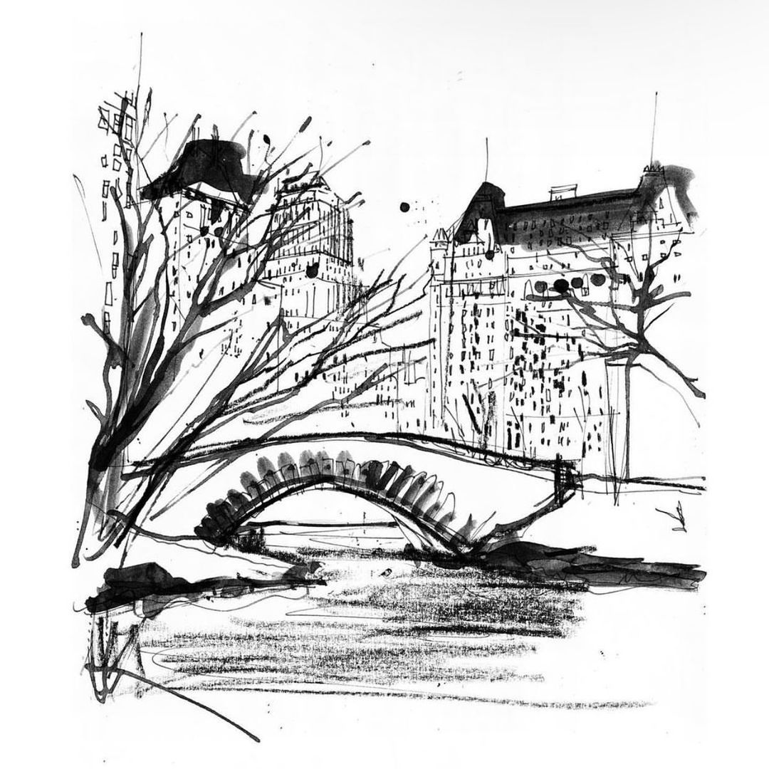 Black and white illustration of a stone bridge spanning a waterway, with city buildings and bare trees in the background.