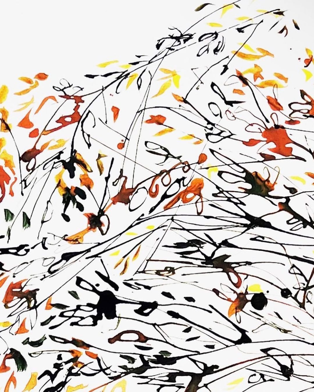 Abstract painting with flowing black lines and splotches of orange and yellow on a white background, resembling plant life.