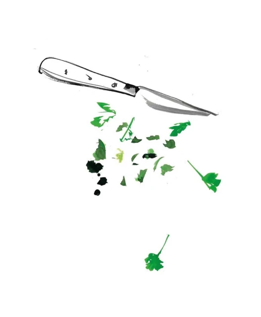 Illustration of a paring knife and chopped herbs, depicted with loose watercolor style on a bright white backdrop.