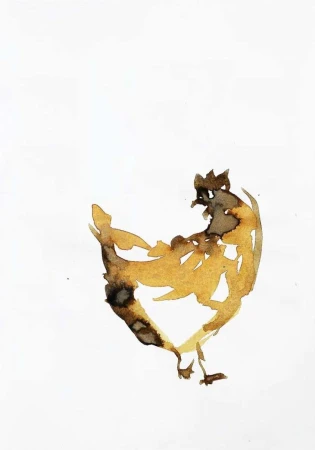Watercolor painting of a hen in shades of brown and tan on white backdrop creating minimalist and artistic rendering of the farm animal.
