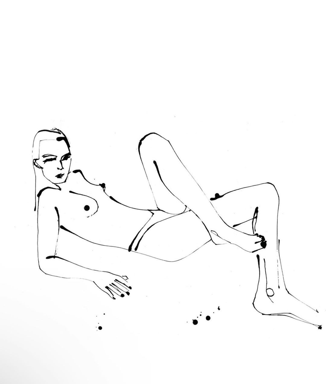 Black ink illustration of a reclining nude woman on a white background in an art style. Art features a minimalist style and figure drawing.