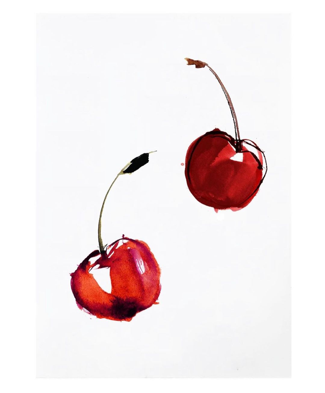 Watercolor painting of two ripe red cherries with stems and leaves on a clean white background. Bright, minimalist style, close-up view.