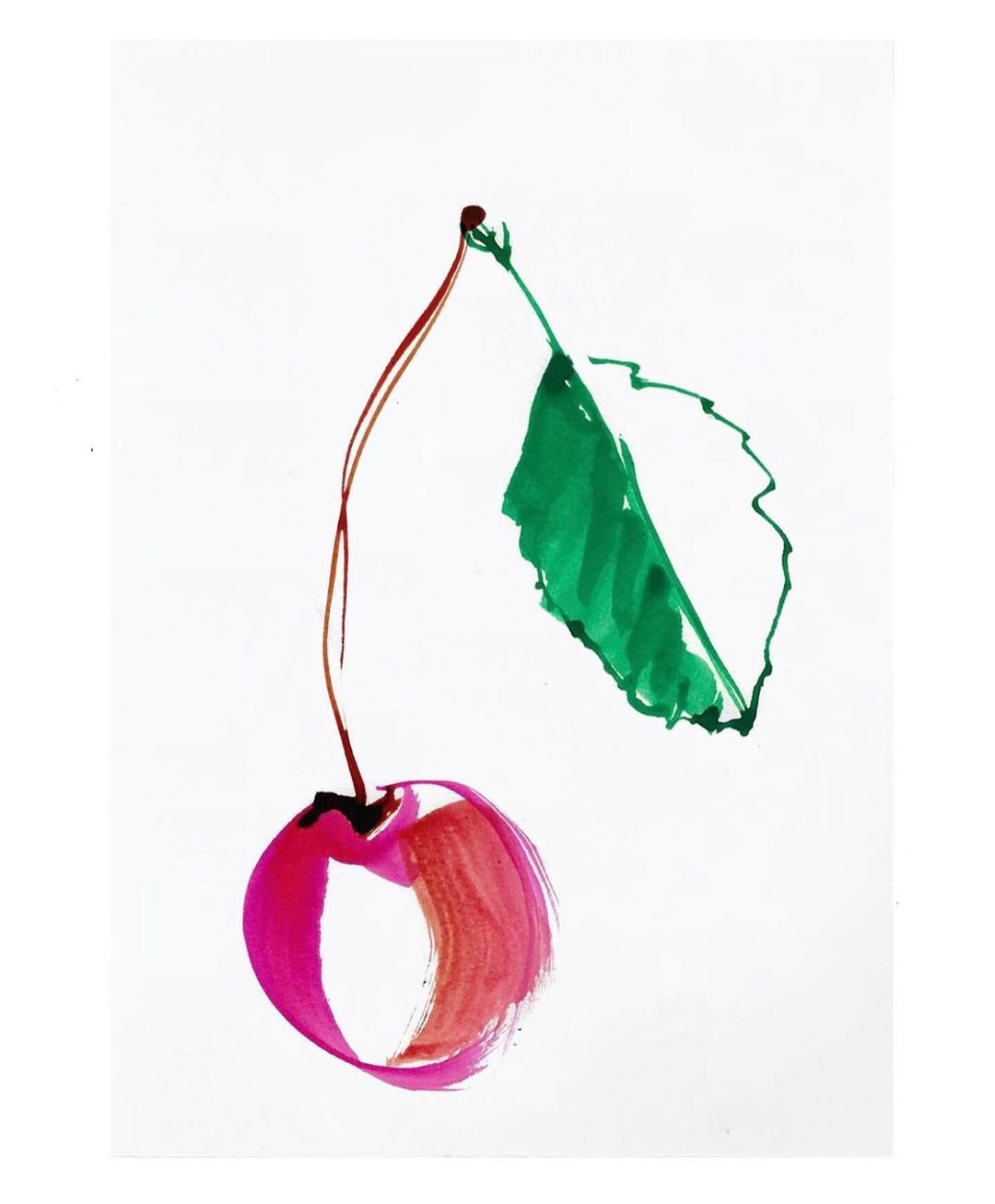 Watercolor painting of a vibrant red cherry with a green leaf on a white background, showcasing a simple and elegant food illustration.