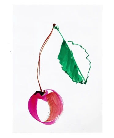 Watercolor painting of a vibrant red cherry with a green leaf on a white background, showcasing a simple and elegant food illustration.