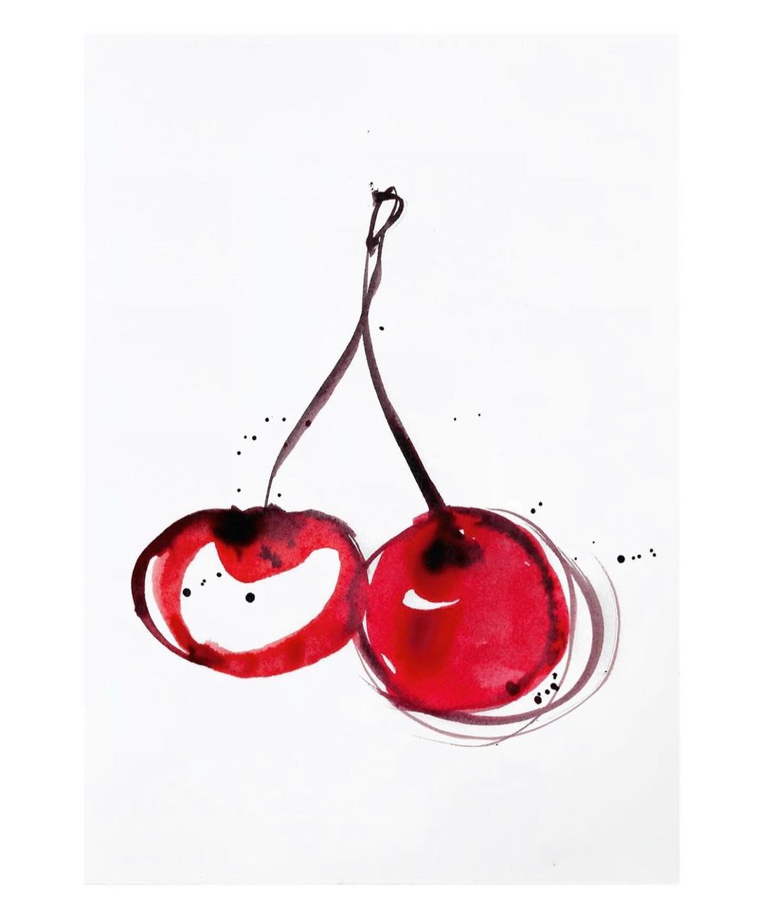 Watercolor painting of two red cherries with brown stems, with black ink splatter accents on a white background.