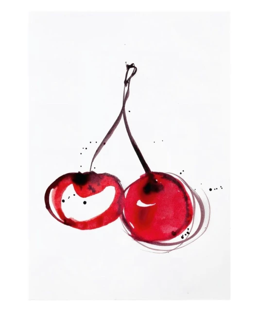 Watercolor painting of two red cherries with brown stems, with black ink splatter accents on a white background.