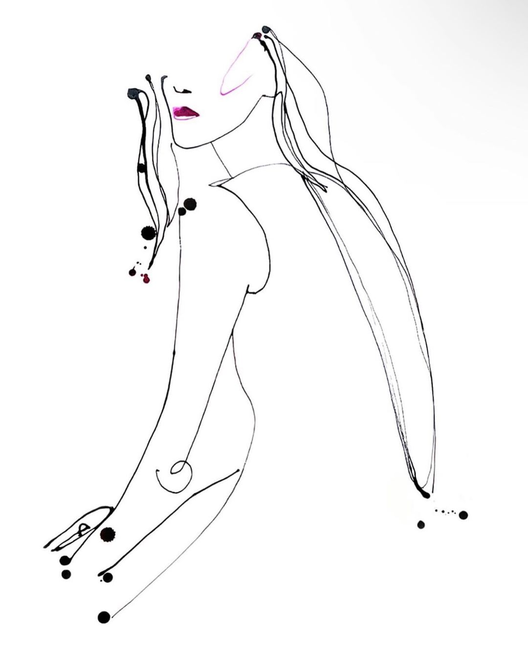 Illustration of a stylized, minimalist line drawing of a woman with long flowing hair and magenta lipstick against a white backdrop.