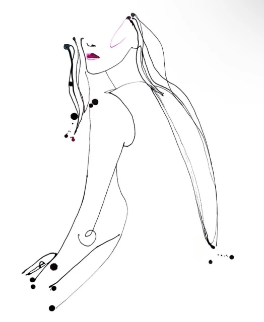Illustration of a stylized, minimalist line drawing of a woman with long flowing hair and magenta lipstick against a white backdrop.