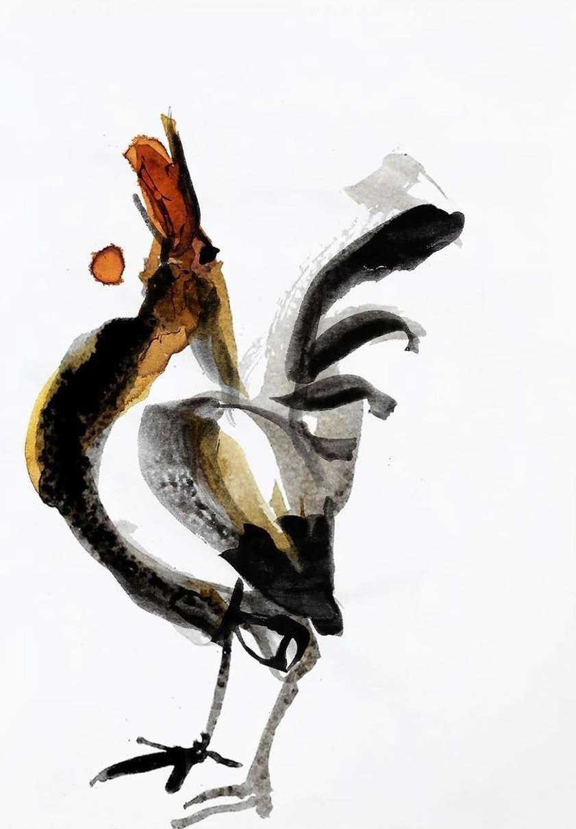 Watercolor painting of a rooster in black, brown, and white on a plain white background. Rooster shown in profile view.