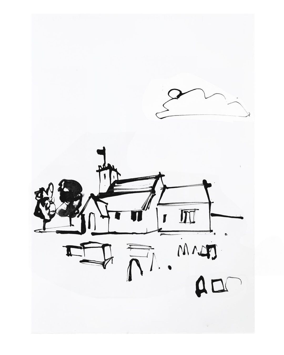 Ink illustration of a church-like building with a tower, accompanied by trees and abstract shapes, all rendered in monochrome.