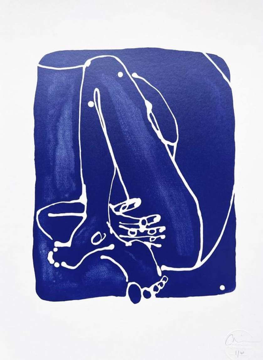 Abstract blue art print of human form with limbs and torso outlined in white on a blue background, minimalist, contemporary.