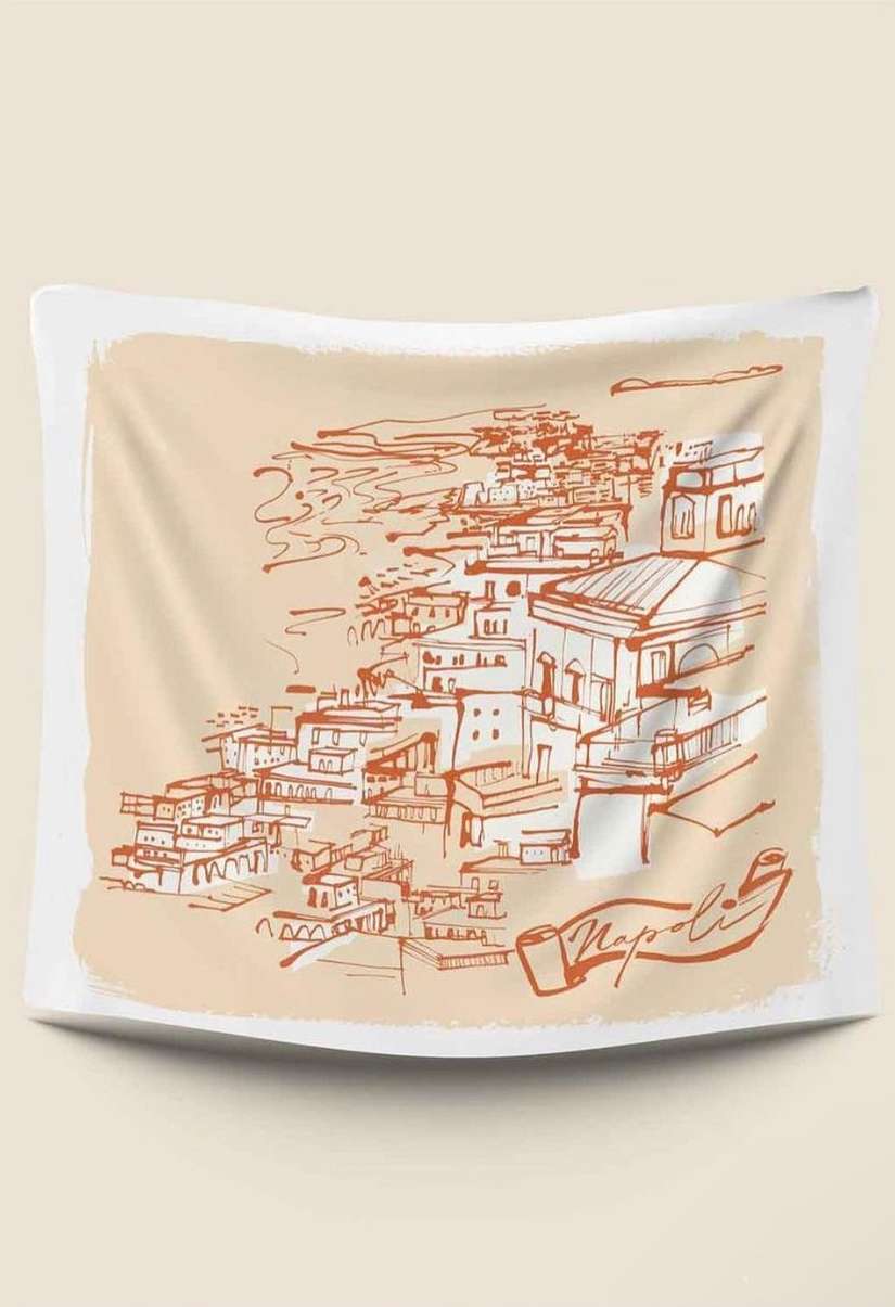 Illustration of the city of Naples on a hanging tapestry. The drawing of the city is in brown hues, while the tapestry background is beige.
