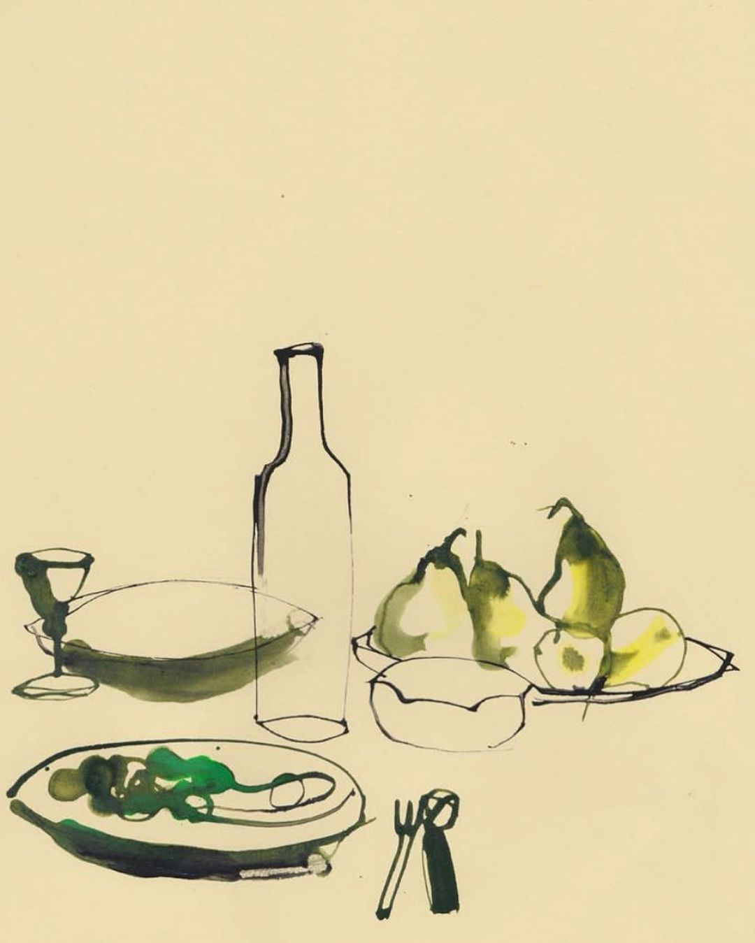 Ink illustration of a table setting with a bottle, glass, fruit, salad, and cutlery on a beige background, artistic and simple.