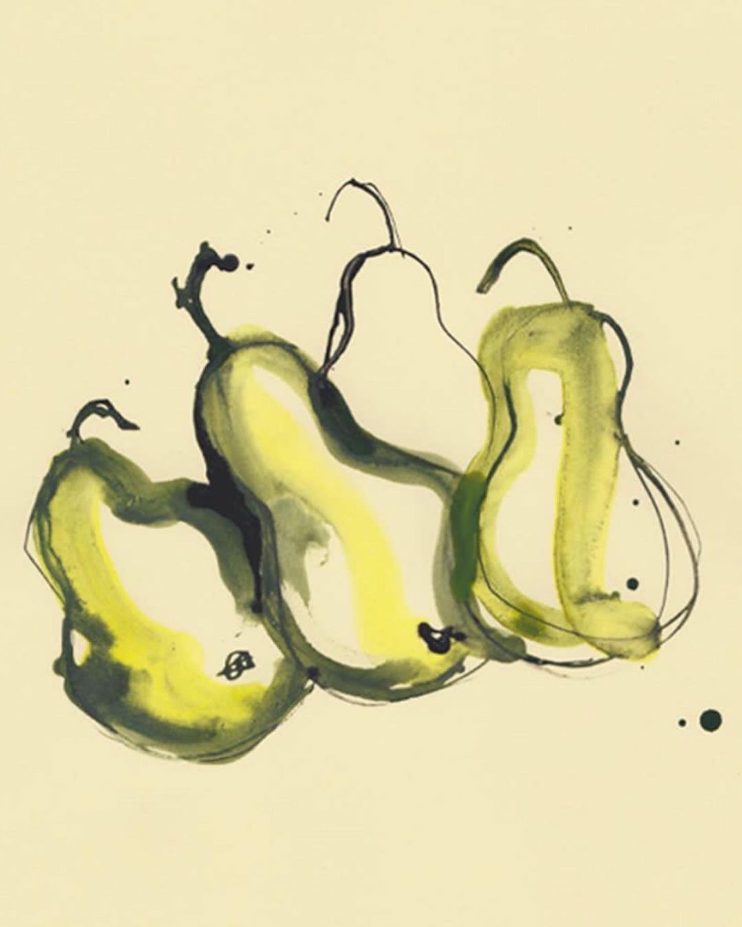Watercolor illustration of four pears in green, yellow and black on a beige background with watercolor drips and splatters.