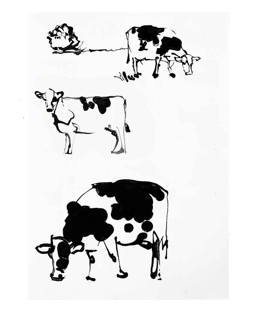 Illustration of three black and white Holstein cows grazing in a field, rendered in a sketch style against a bright white background.