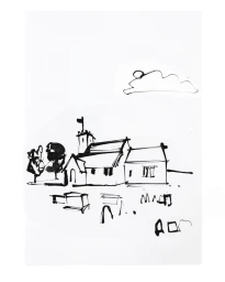 Minimalist black ink line drawing of a church building and cloud by Caroline Tomlinson