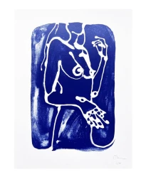 Blue screen print illustration of a seated female figure on a white paper background by Caroline Tomlinson