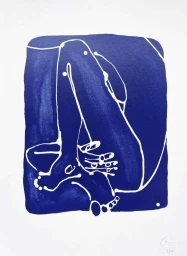 Blue and white linocut or screenprint illustration of a seated figure with bent knees by Caroline Tomlinson.