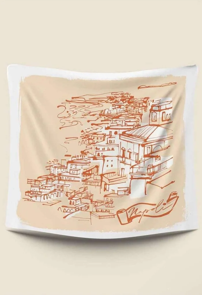 Napoli coastal town sketch illustration printed on a white fabric wall hanging with soft beige wash background.