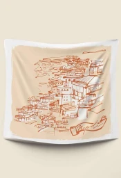 Napoli coastal town sketch illustration printed on a white fabric wall hanging with soft beige wash background.