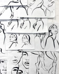 Collage of black and white ink figure drawings featuring minimalist female portraits by Caroline Tomlinson