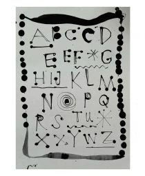 Hand-drawn black ink alphabet illustration featuring stylized letters and a dotted border on paper by Caroline Tomlinson