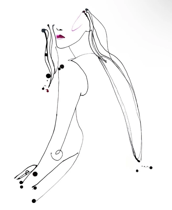 Minimalist black ink line illustration of a female profile featuring vibrant pink lips against a plain white background.