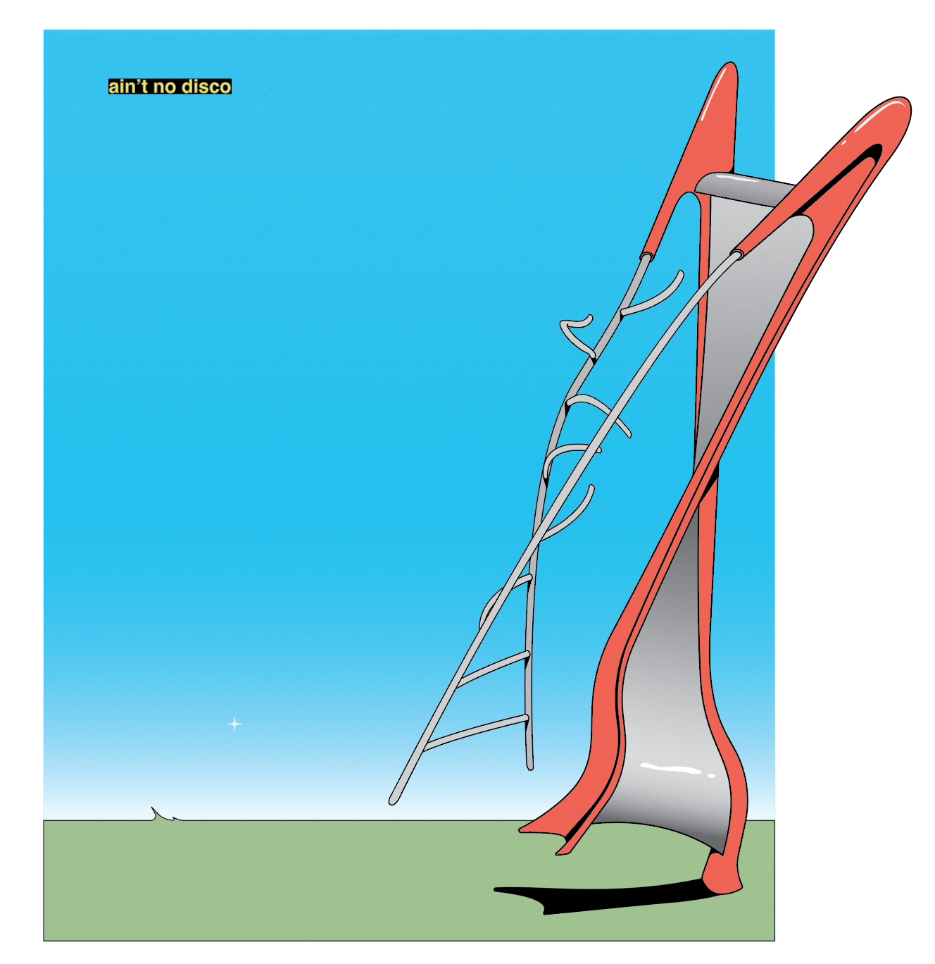 Whimsical cartoon illustration: red and grey slide with a ladder against a gradient blue sky and green ground, minimalist style.