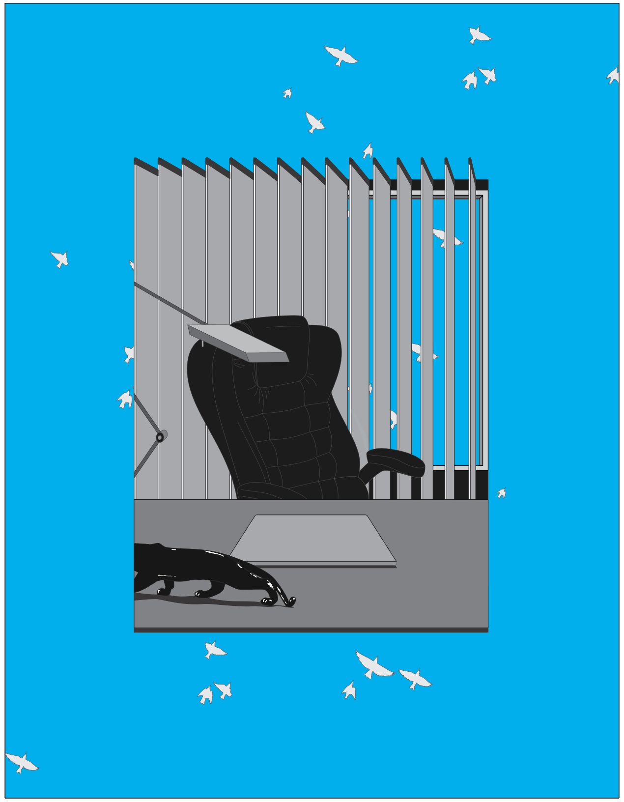 Illustration of an office desk with an office chair, desk lamp, and a black panther on a blue backdrop with flying birds.