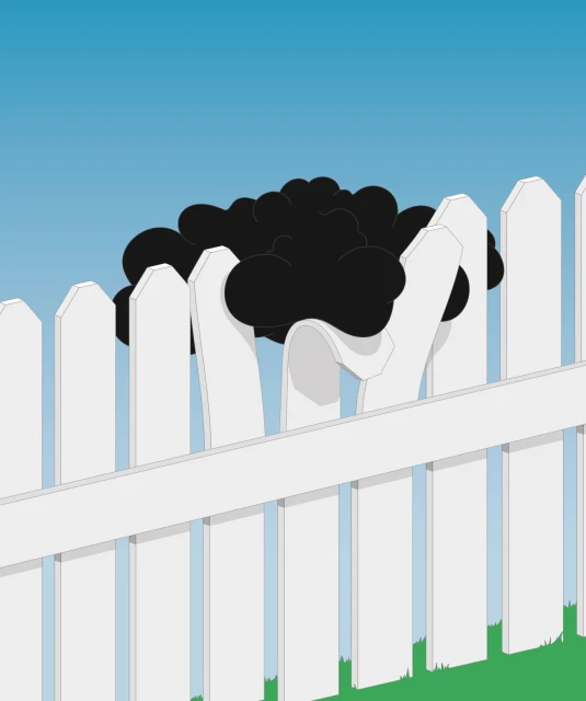 Illustration of a black and white cow peering over a white picket fence against a bright blue sky and green grass.