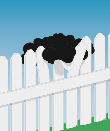 Illustration of a black and white cow peering over a white picket fence against a bright blue sky and green grass.