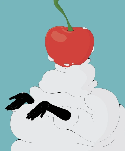 Whimsical illustration of a cherry atop a swirl of whipped cream, with gloved hands emerging from the cream against a blue backdrop.